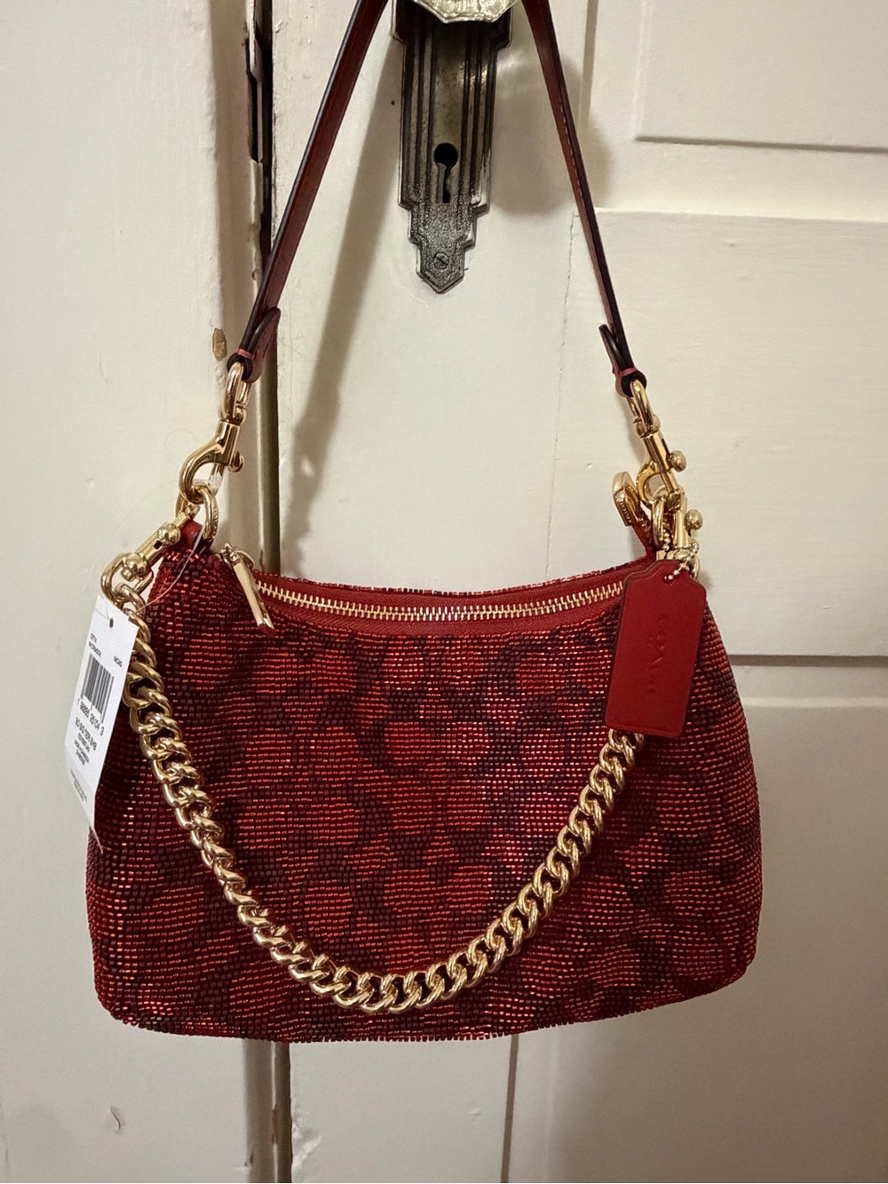 Coach red satin beaded teri bag w/chain (New)